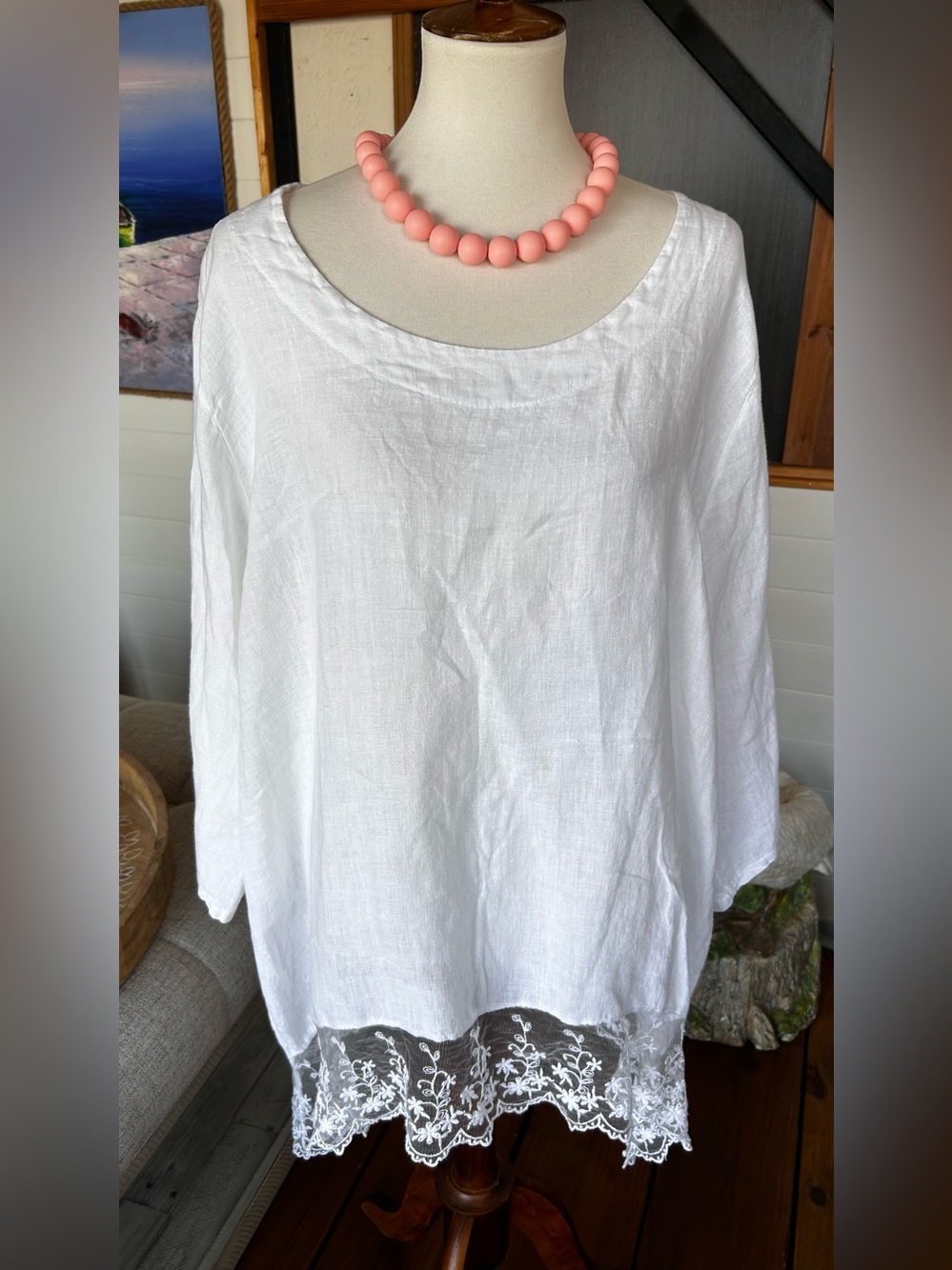 Stella Martini Italy White Linen Lace Tunic Top 1X Lagenlook Boho